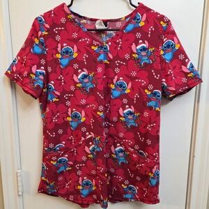Disney Stitch Christmas Scrub V-Neck Short Sleeve Red Candy Cane Snowflakes S CH